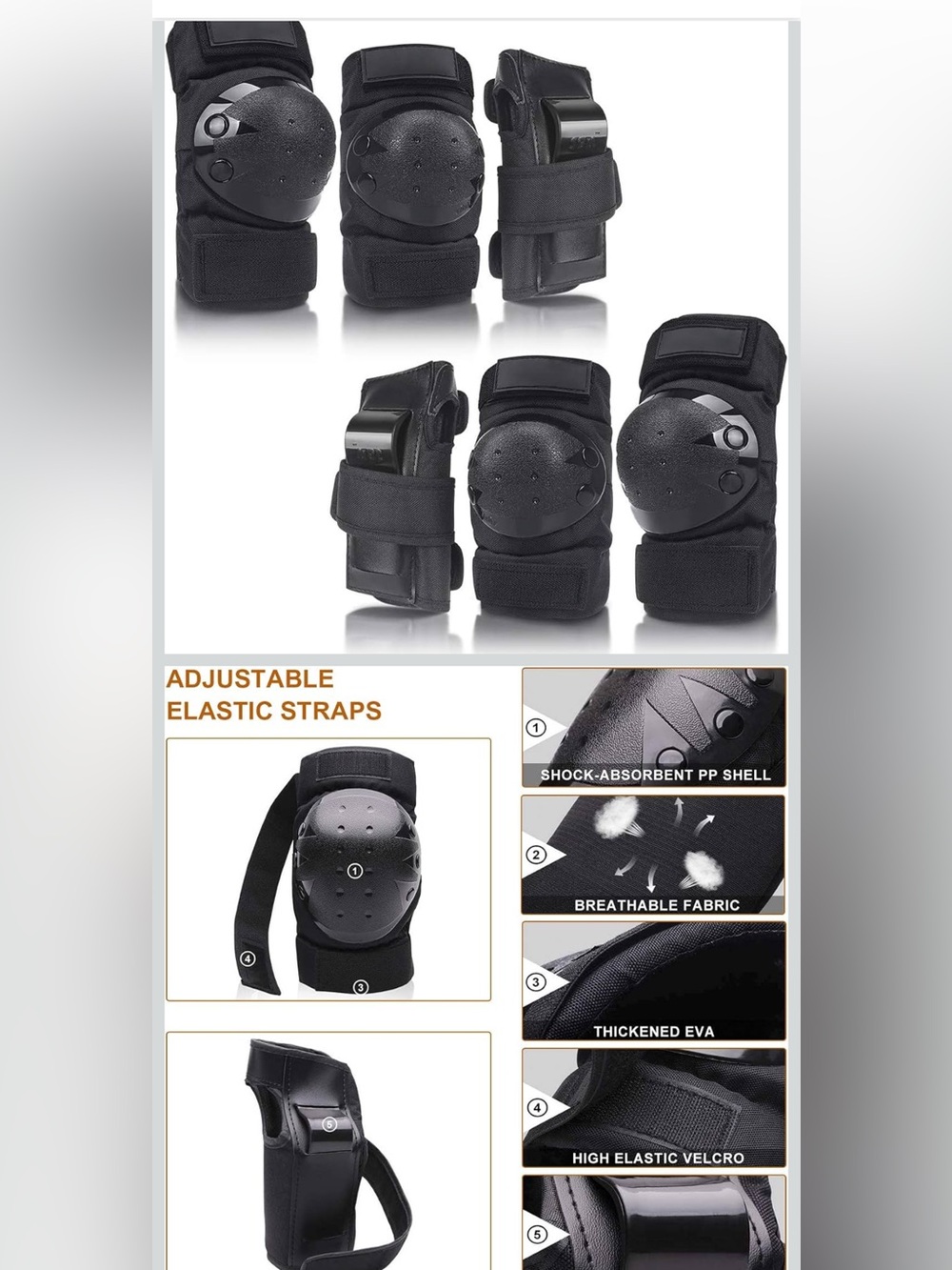 Knee Pads Elbow Pads Wrist Guards Set for Kids/Youth/Adult  3 Pairs - Black